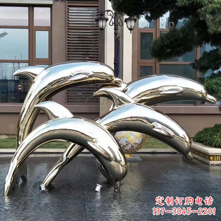 金华水景不锈钢海豚雕塑-城市广场创意动物雕塑