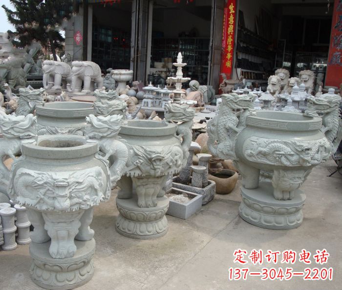 金华寺庙景观龙头石雕水缸