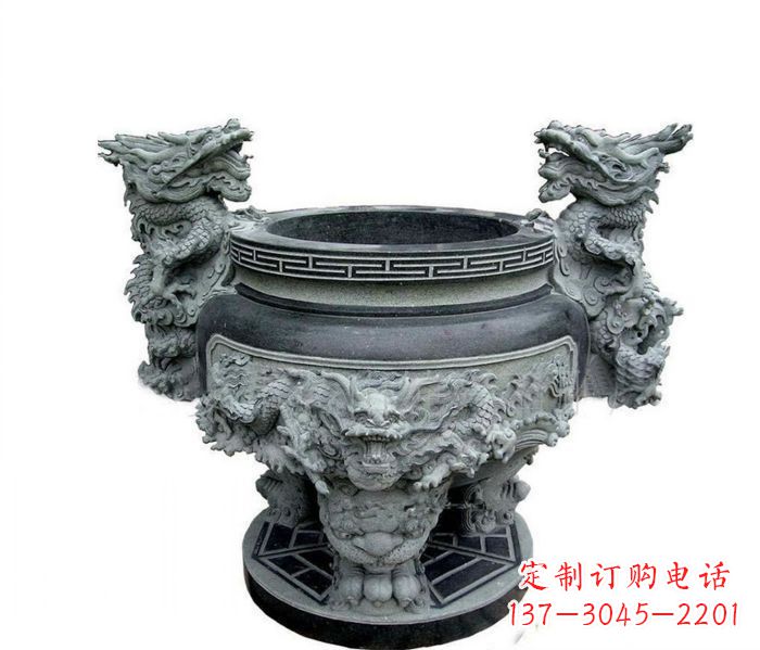 金华寺庙景观龙头水缸石雕 (2)