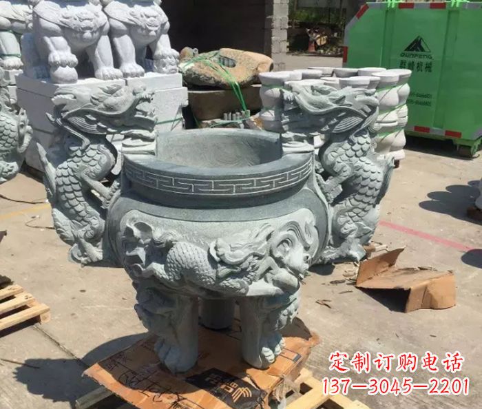金华寺庙景观青石龙头香炉石雕 (2)