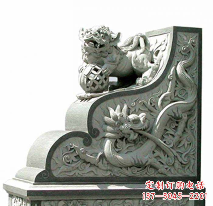 金华寺庙景观玩绣球狮子石雕门墩