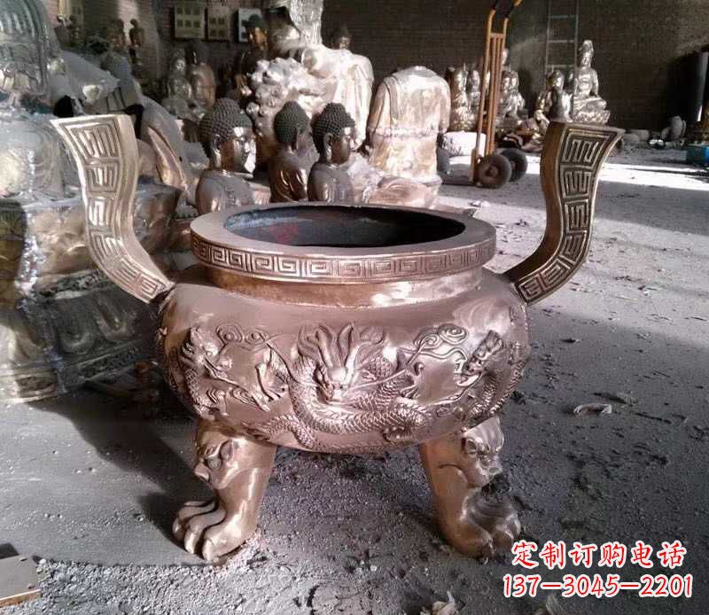 金华寺庙龙浮雕圆铜雕香炉