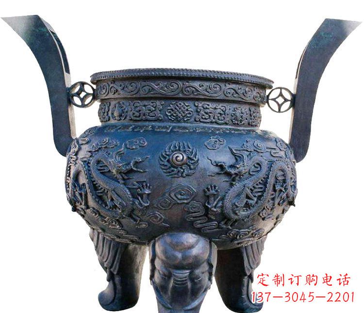 金华寺庙圆形三足鼎铜雕香炉