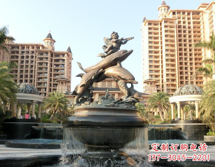 金华跳跃的海豚和小天使喷泉铜雕
