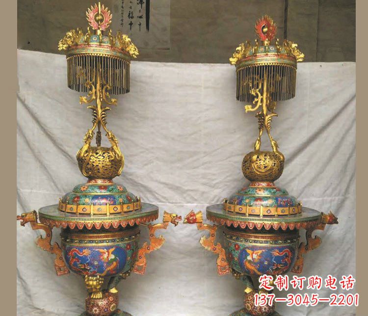 金华铜雕彩绘香炉景观摆件