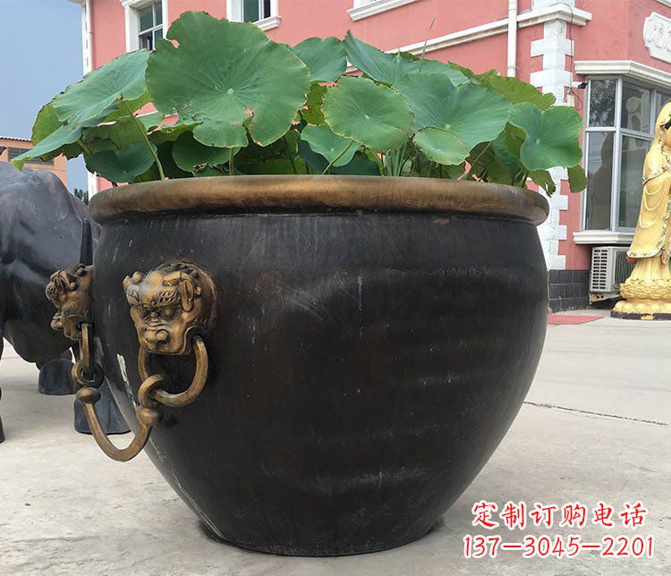 金华铜雕圆形荷花水缸雕塑 (3)