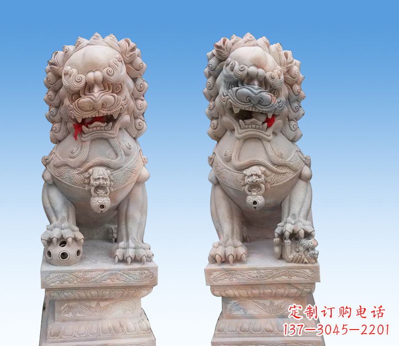 金华晚霞红踩球狮子石雕