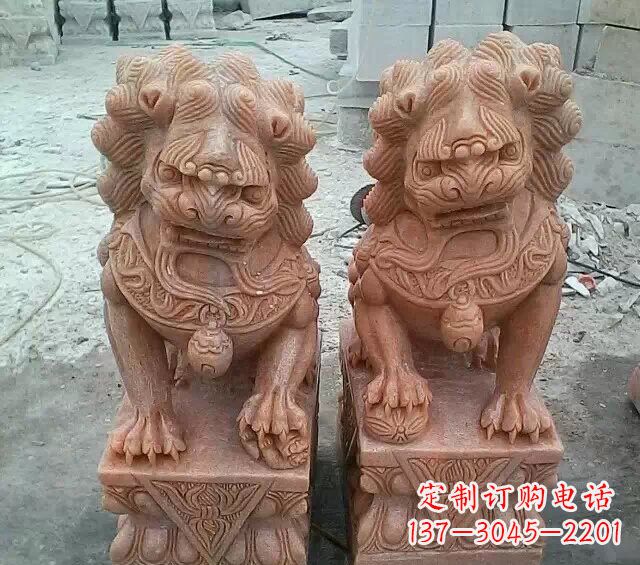 金华晚霞红传统狮子石雕
