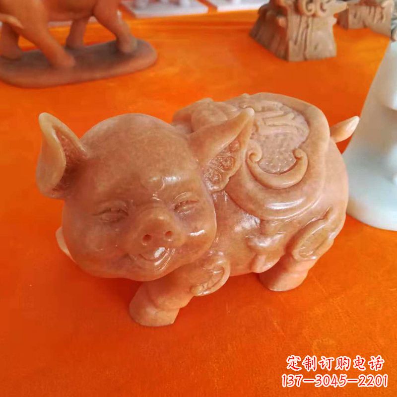 金华晚霞红大理石招财猪雕塑-企业商场创意生肖动物风水摆件