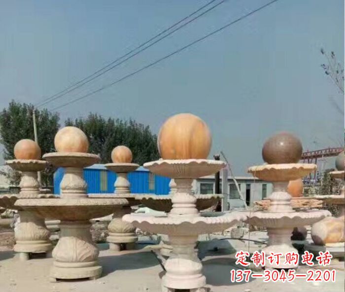 金华晚霞红多层风水球喷泉石雕