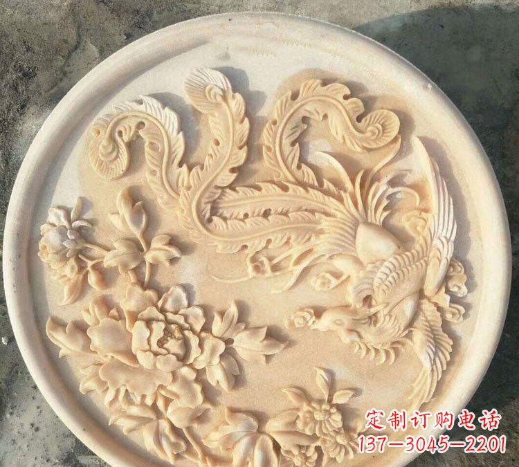 金华晚霞红凤凰牡丹石浮雕