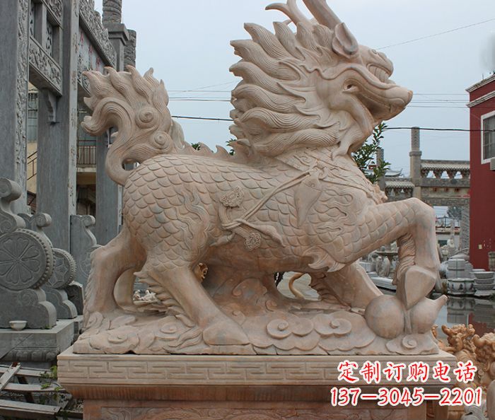 金华晚霞红古代神兽麒麟石雕