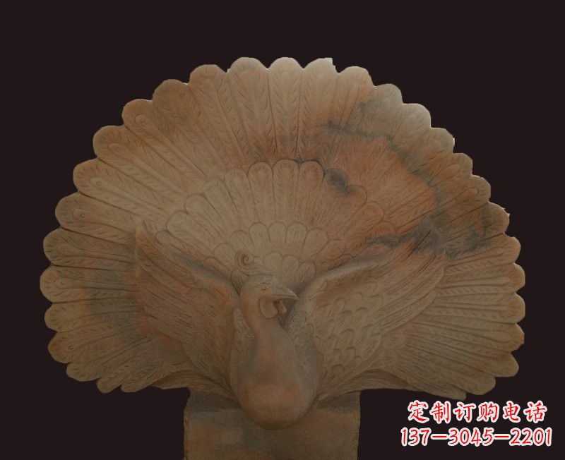 金华晚霞红开屏孔雀石雕