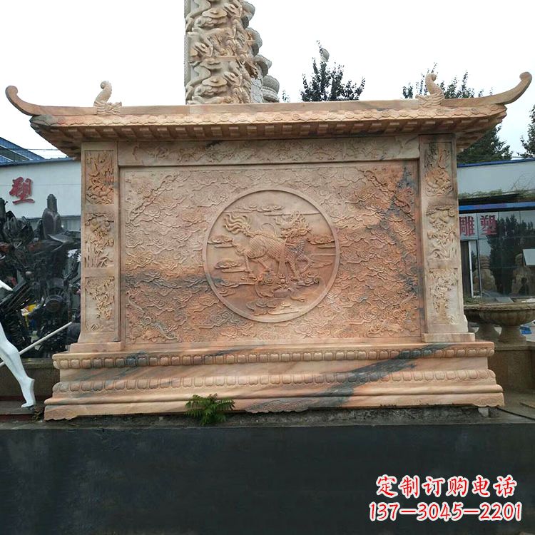 金华晚霞红麒麟影壁墙石雕