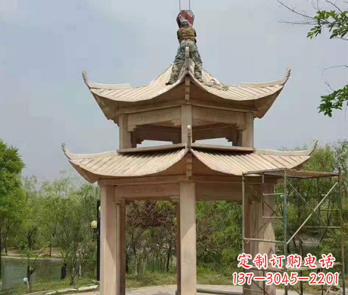 金华晚霞红双层凉亭石雕 (2)