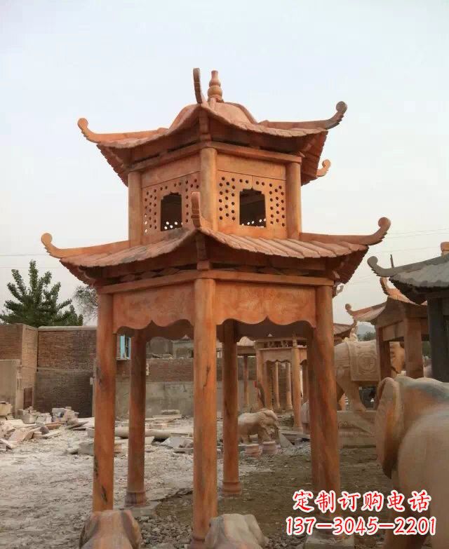 金华晚霞红双层凉亭石雕