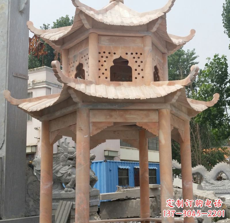 金华晚霞红双层六角凉亭石雕 (2)