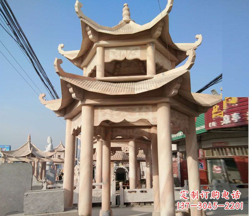 金华晚霞红双层六角凉亭石雕 (3)