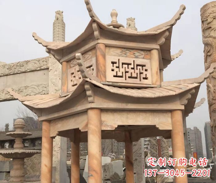 金华晚霞红双层石雕凉亭
