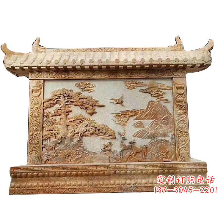 金华晚霞红松鹤延年浮雕影壁