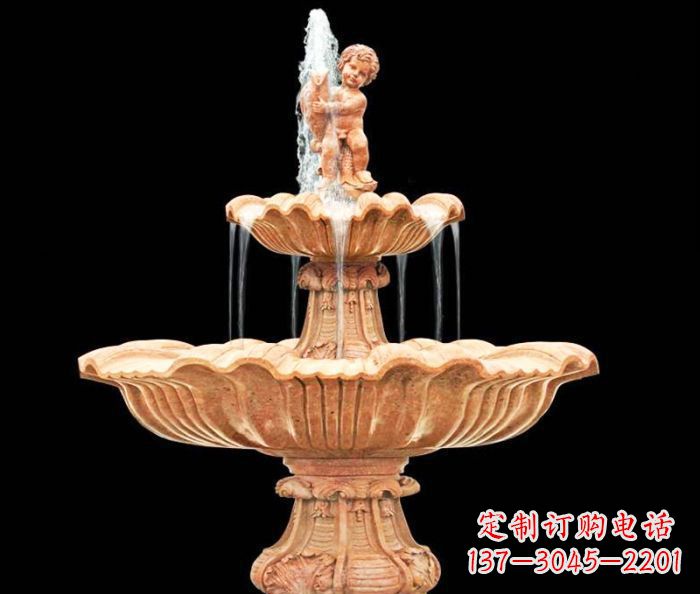 金华晚霞红小孩抱鱼石雕喷泉