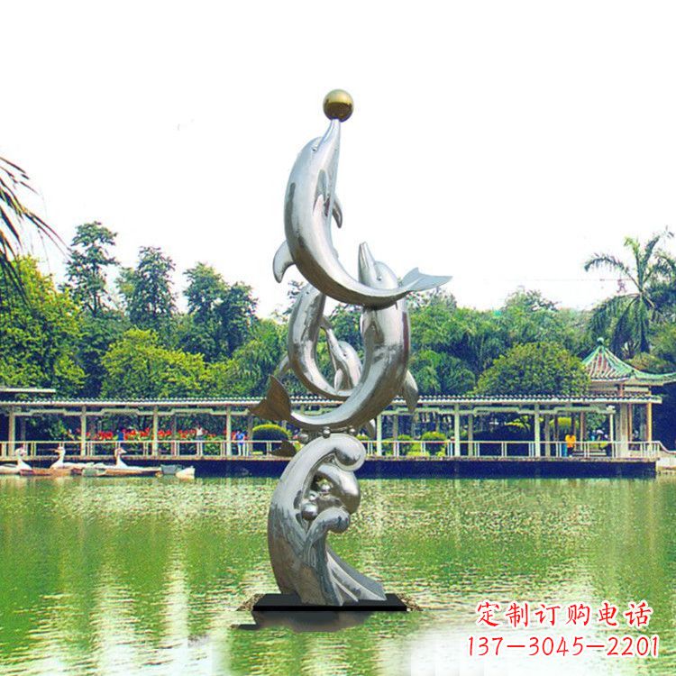 金华戏球不锈钢海豚雕塑-园林水景动物景观