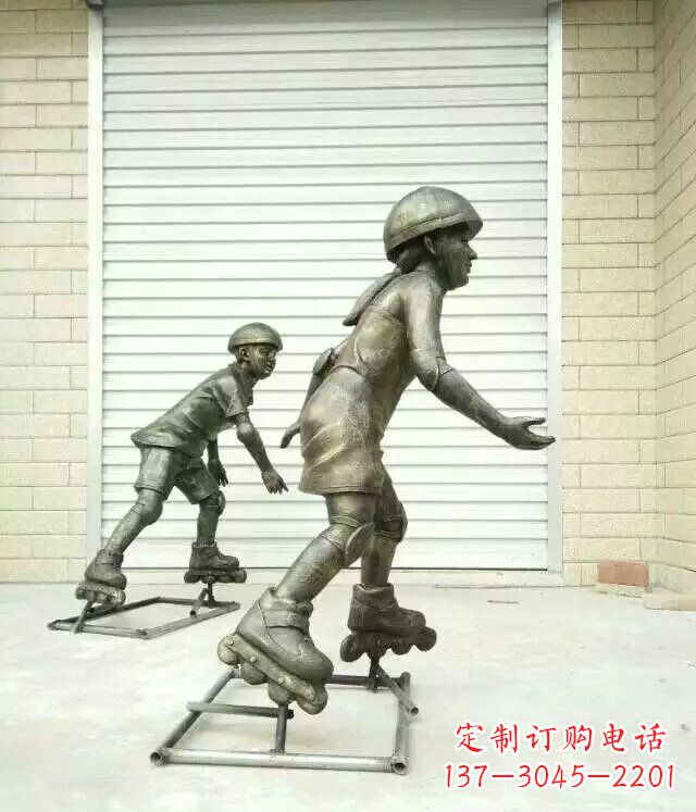 金华小孩玩轮滑公园人物铜雕