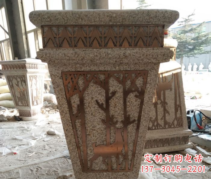 金华小区大理石梅花鹿石浮雕花盆
