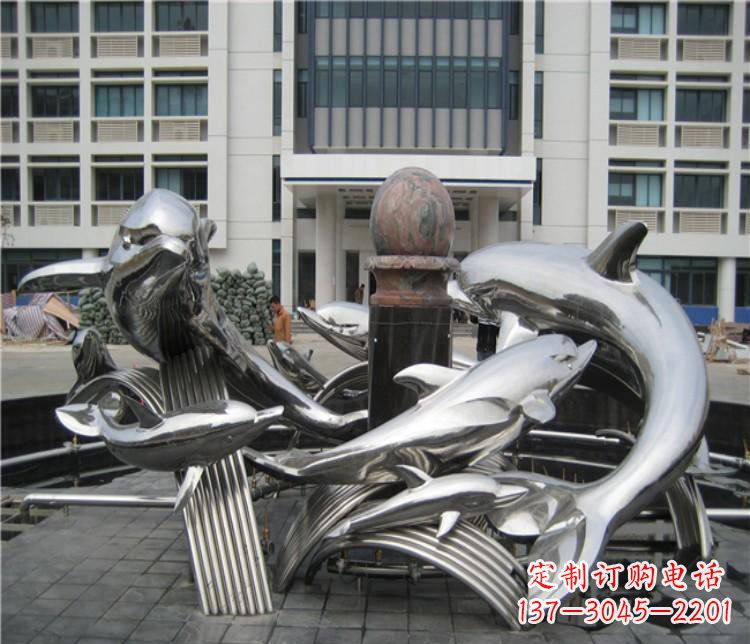 金华校园不锈钢海豚海浪雕塑