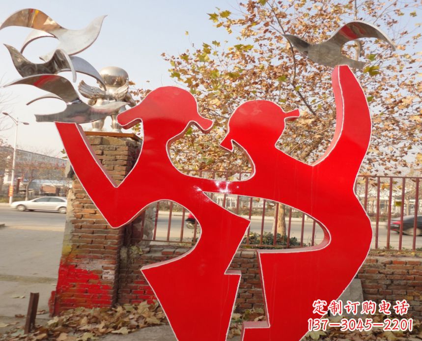 金华校园不锈钢剪影人物和和平鸽雕塑