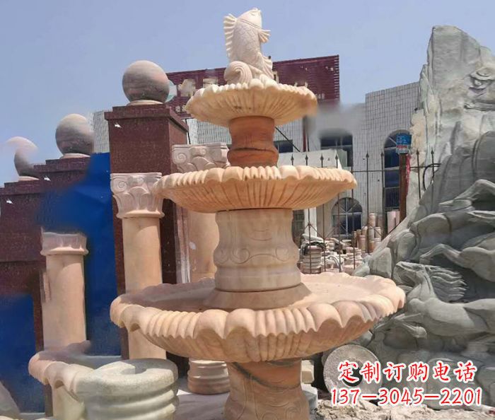 金华园林景观晚霞红鲤鱼喷泉石雕