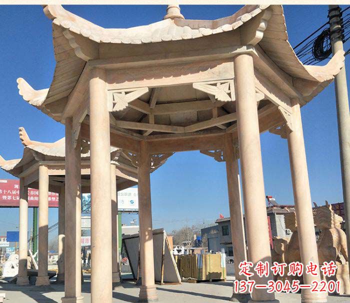 金华园林景观晚霞红六角石雕凉亭 (2)