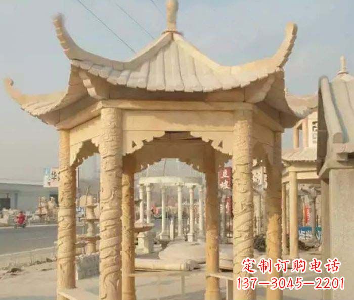 金华园林景观晚霞红六角石雕凉亭 (3)