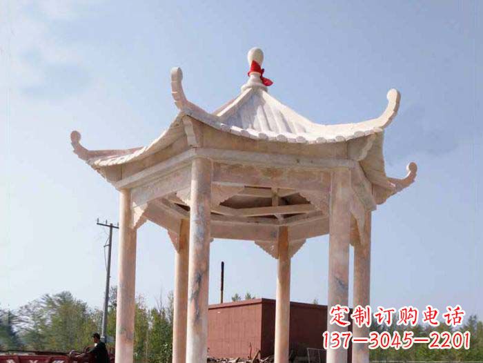 金华园林景观晚霞红六角石雕凉亭
