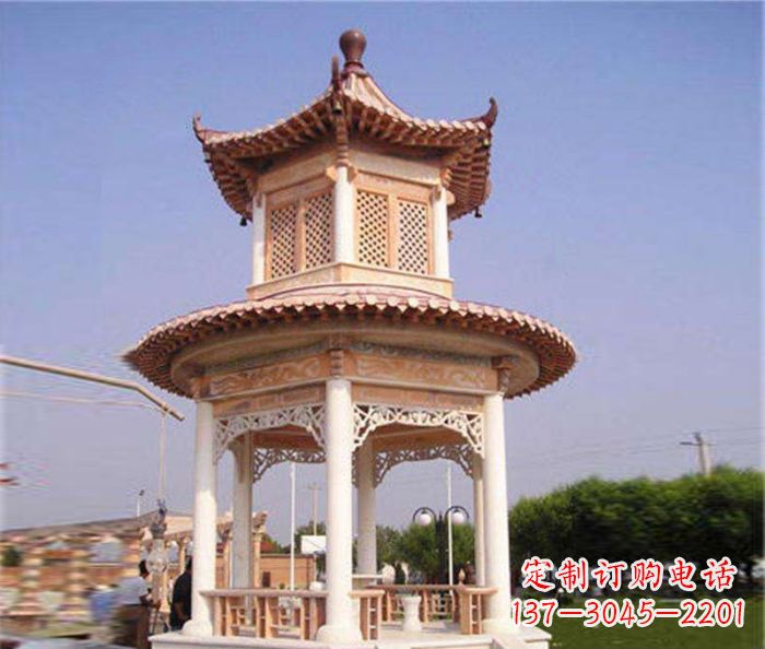 金华园林景观晚霞红双层石雕凉亭 (4)