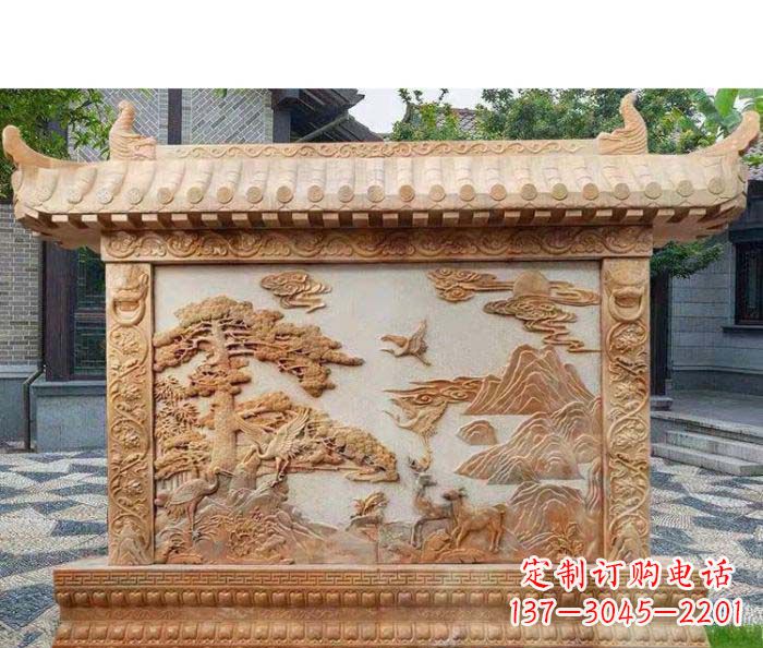 金华园林景观晚霞红松鹤石浮雕影壁
