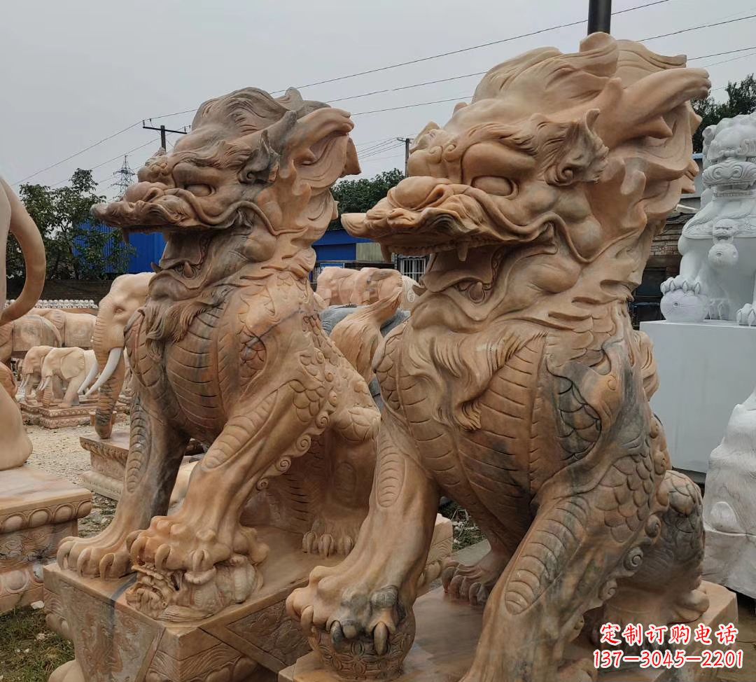 金华园林晚霞红古代招财神兽麒麟石雕