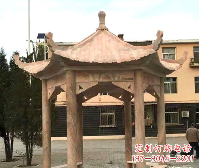 金华园林晚霞红六角石雕凉亭