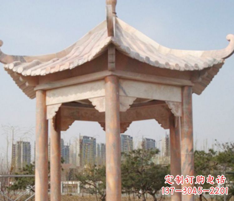 金华园林晚霞红六角石凉亭景观石雕