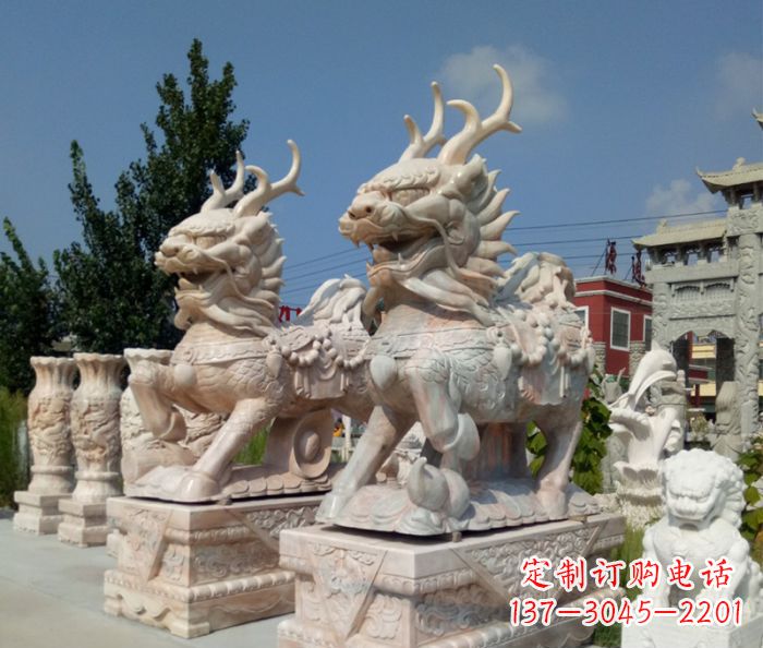 金华招财神兽晚霞红石雕麒麟