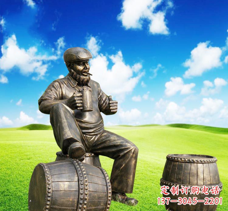 金华坐酒桶喝啤酒的西方人物铜雕