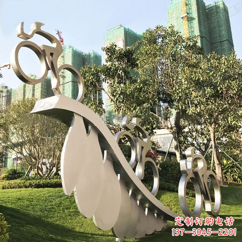 金华自行车雕塑-抽象不锈钢骑自行车人物景观雕塑